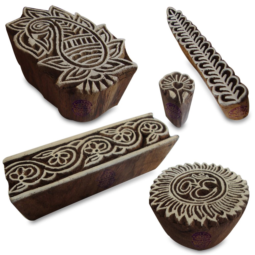 Handcrafted Religious and Floral Motif Block Print Wood Stamps (Set of 5)