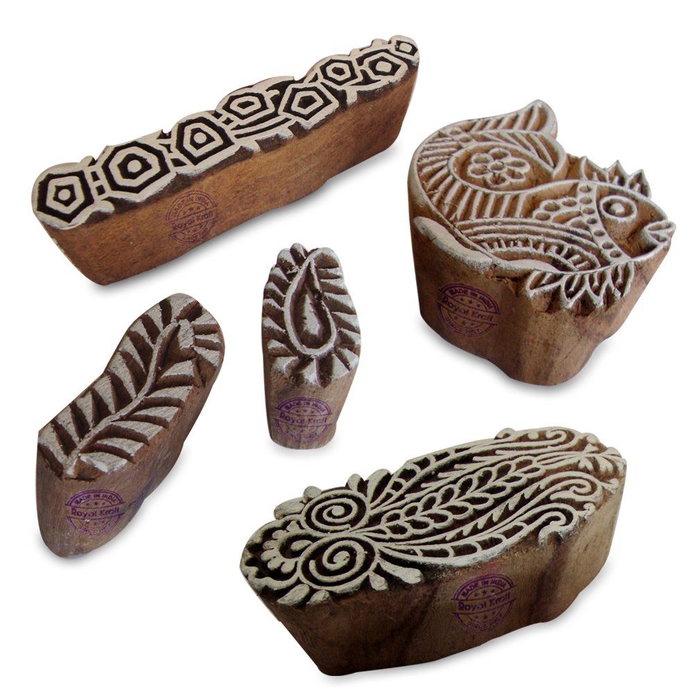 Designer Fish and Floral Motif Wood Print Stamps (Set of 5)