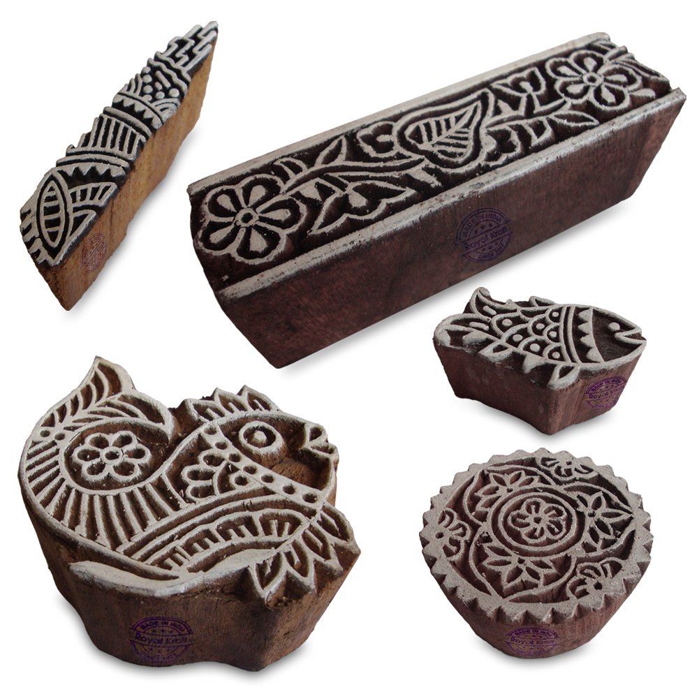 Ethnic Fish and Floral Pattern Wood Stamps for Printing (Set of 5)